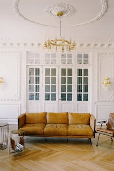 Luxurious interior design featuring a leather couch, chandelier, and white walls.