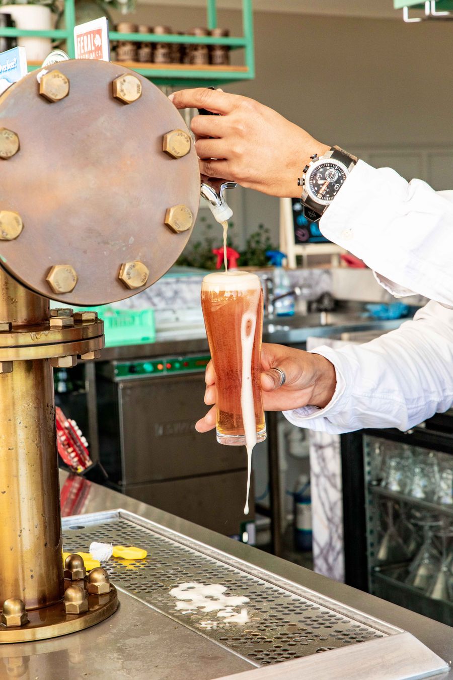 Bartender pulling a fresh draft pour