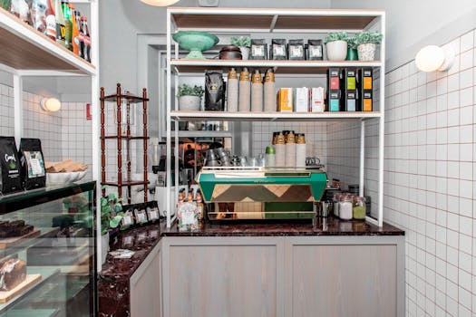 A chic coffee shop counter featuring a coffee machine, shelves with products, and a stylish modern design.