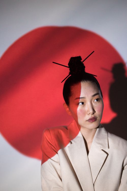 Free Elegant portrait of a Japanese woman with hair sticks and a flag projection, featuring creative lighting. Stock Photo