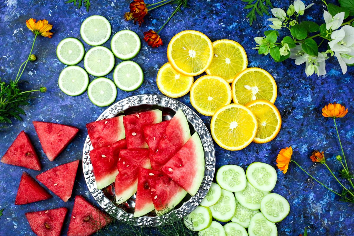 Colorful watermelon citrus and cucumber as water-rich foods for nervous system health