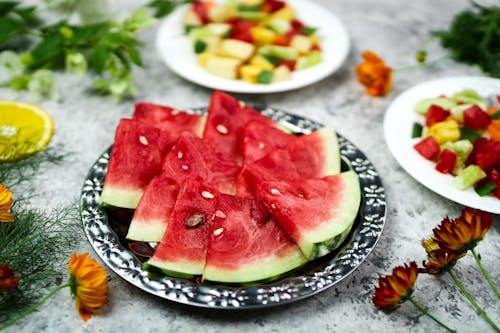 Free Sliced Watermelon on Silver Steel Plate Stock Photo