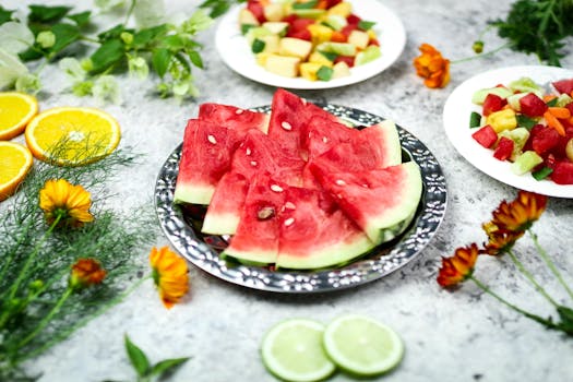 Colorful arrangement of fresh sliced watermelon, fruits, and flowers on a textured background.