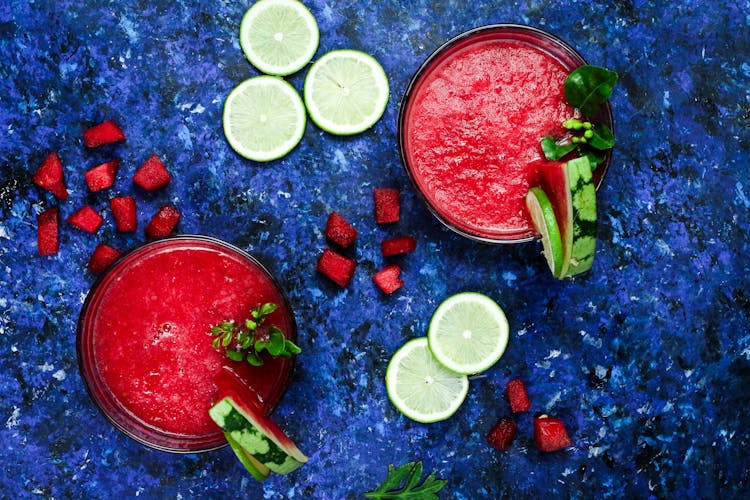 Watermelon Juice In Glasses And Lemon Slices 