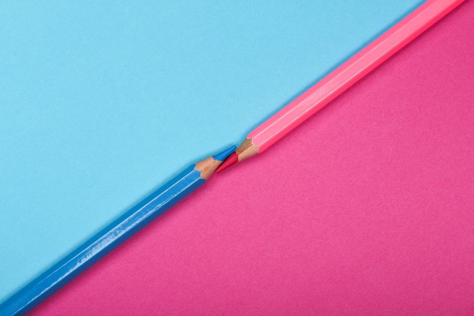 Two colored pencils meet on a contrasting pink and blue background, symbolizing harmony and creativity.