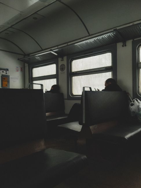 Quiet train ride with passengers sitting during daylight hours.