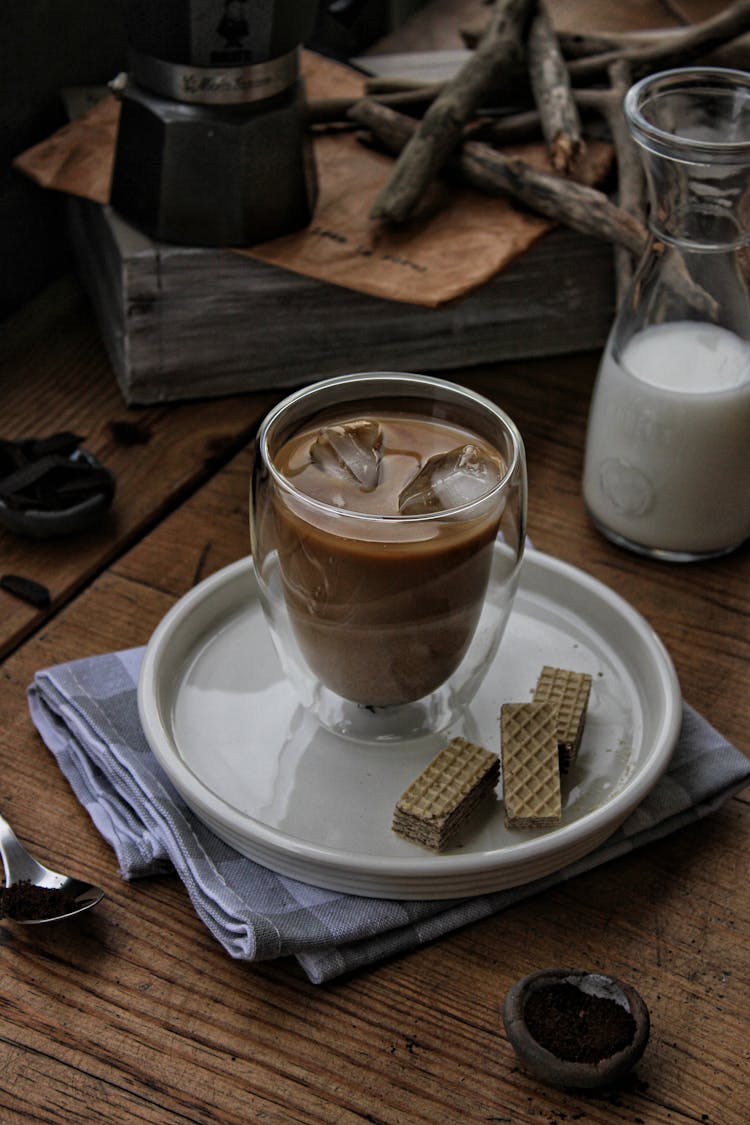 Ice Coffee And Wafers On White Plate