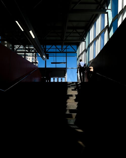 Free Back view of a Person Walking up the Stairs inside a Building Stock Photo