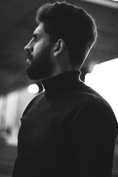 Free Grayscale Photo of a Handsome Bearded Man in a Turtle Neck Stock Photo