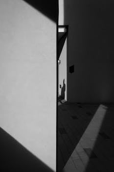 Minimalist black and white photo highlighting geometric architecture and shadows.