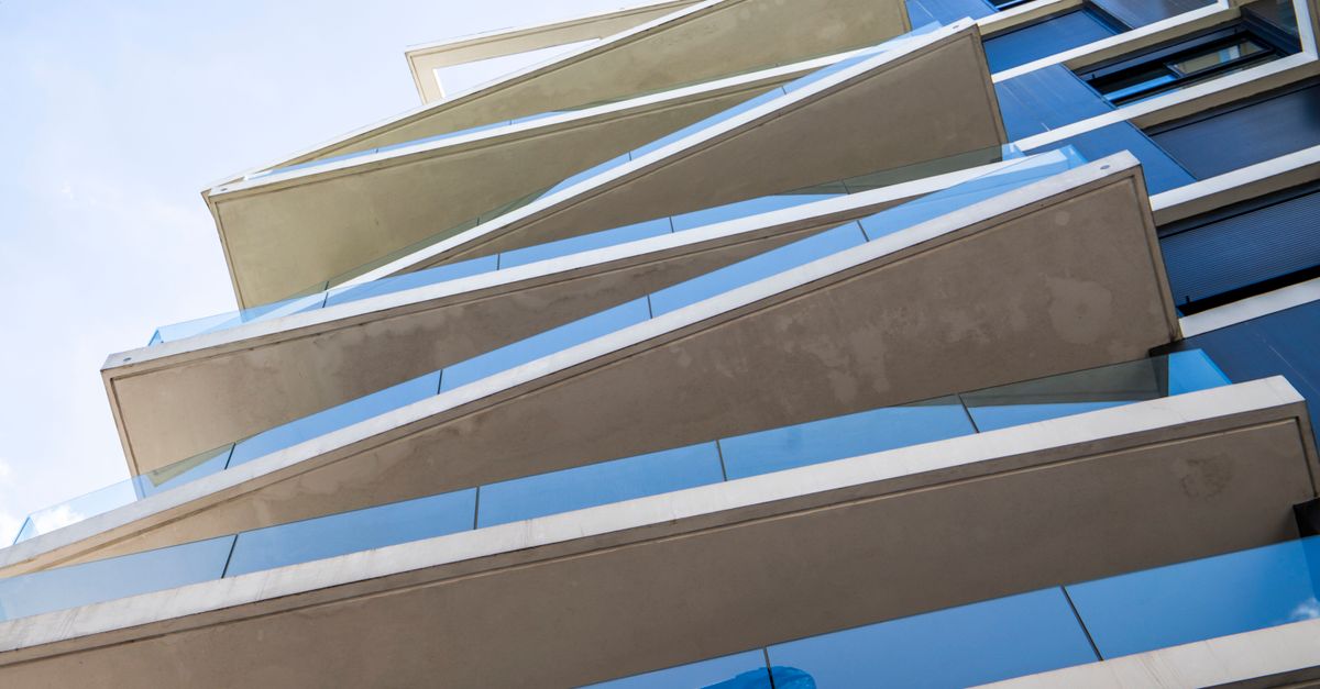 Modern building balconies seen from below