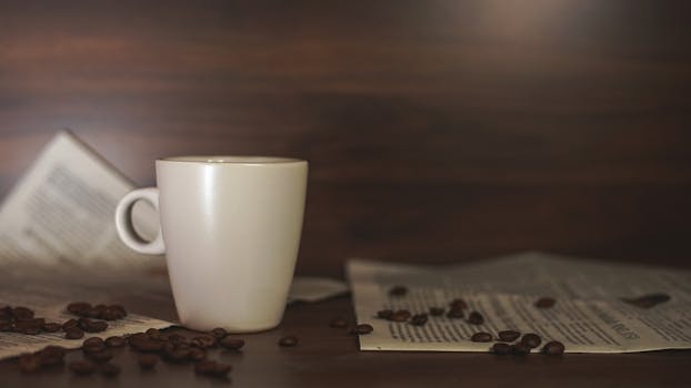 A ceramic mug filled with coffee beside scattered coffee beans and newspapers on a wooden table.
