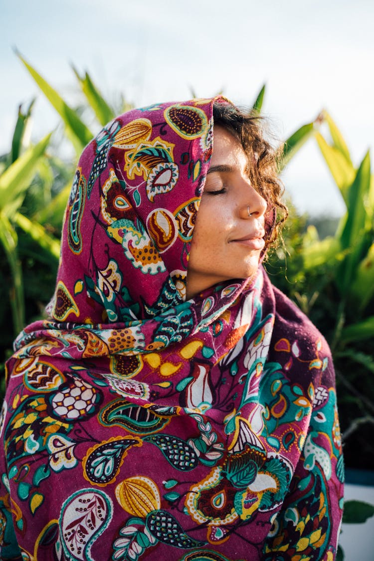 Woman Wearing Printed Headscarf