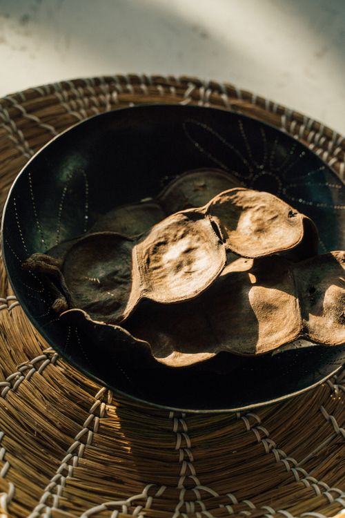 Free A rustic black bowl filled with dried seed pods on a woven mat, illuminated by sunlight. Stock Photo