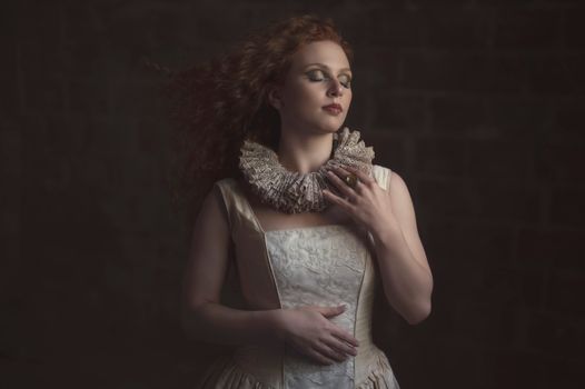 A serene portrait of a woman in Renaissance attire with a detailed lace collar, elegant and classic.