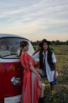 Two women in boho dresses lean against a vintage van in a summer field.