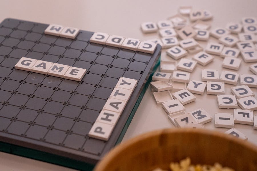 Close-up of Scrabble tiles on a rack