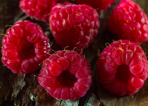 Free Detailed close-up of fresh red raspberries placed on rustic wood texture. Stock Photo