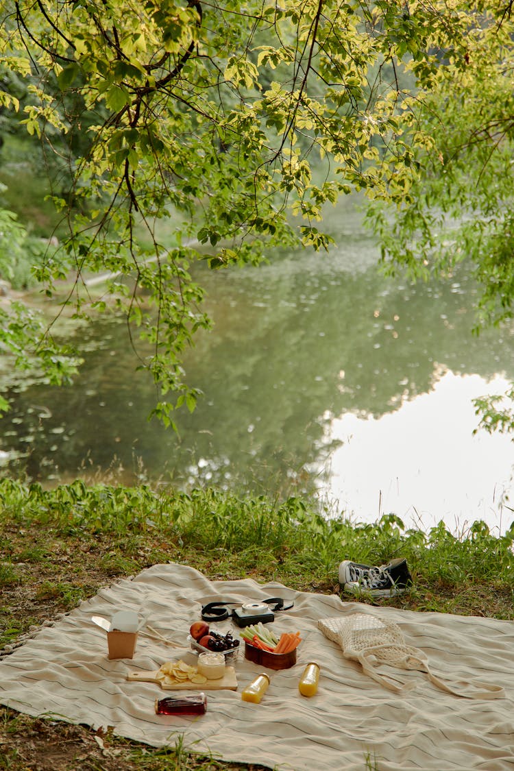 A Picnic Blanket Near Lake