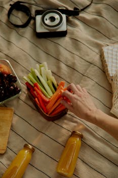 Overhead view of picnic setup with vegetables, juice, and vintage camera on blanket.