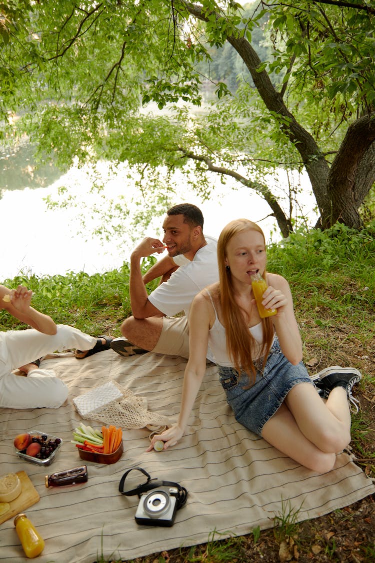 A Man And Woman Sitting On A Picnic Blanket Near The Lake