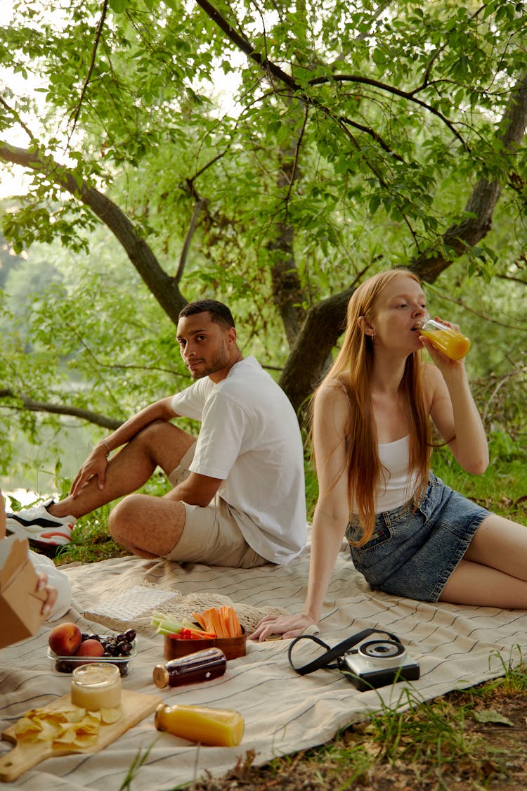 A Man And Woman Sitting On A Picnic Blanket Near The Lake