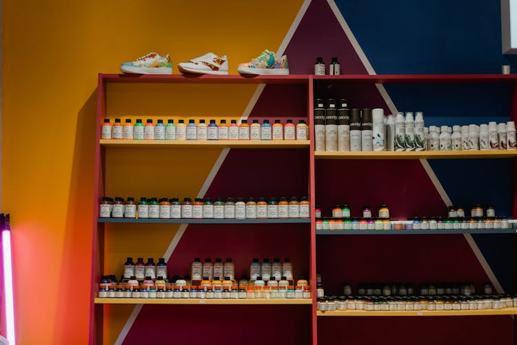 A Shelf Of Bottled Products