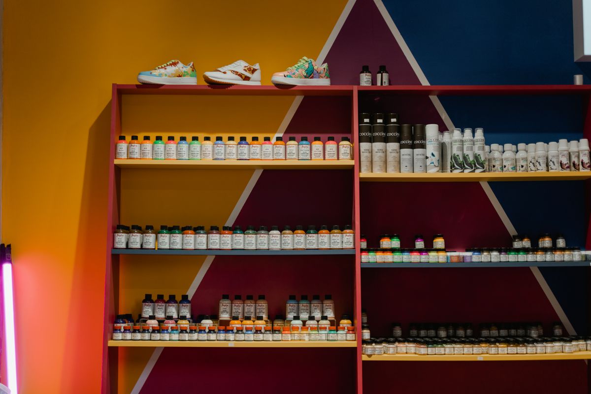 Colorful retail shelf display showing diverse product packaging