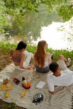 Group enjoying a summer picnic by the lake, soaking in nature's tranquility.