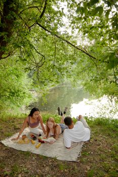 A group of friends having a picnic on a blanket by the lake, surrounded by lush greenery.