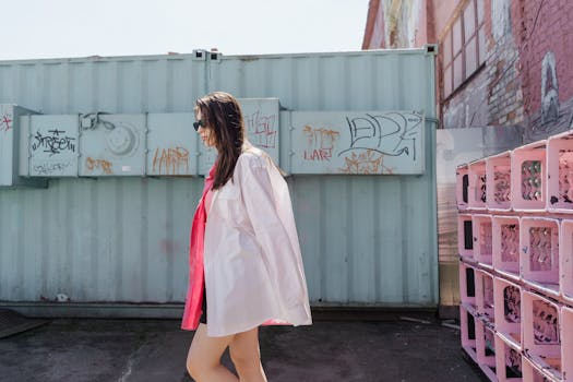 Woman in white coat walking past a graffiti wall in an urban environment.