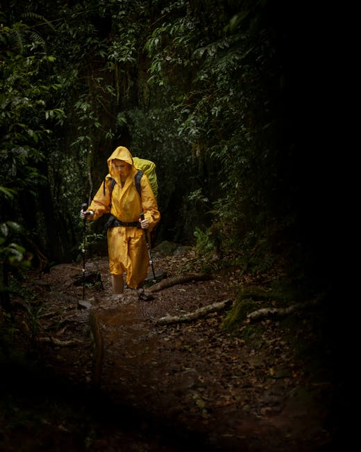 Hiker wearing bright waterproof shell on a wet forest trail in fall