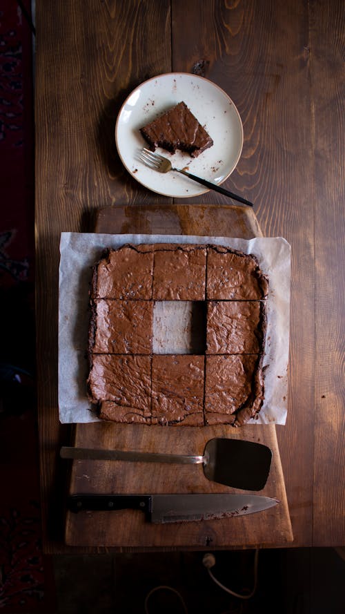 Sliced Chocolate Brownies on Wooden Table