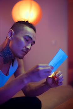 A tattooed man in a dimly lit room burns paper, creating a dramatic artistic expression.