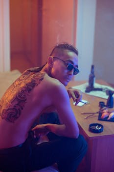 Shirtless tattooed man smoking indoors, exuding a moody and mysterious vibe.