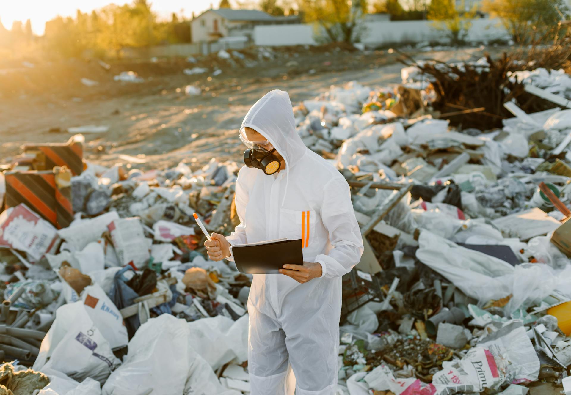 Environmental scientist assessing pollution wearing protective gear at a landfill.