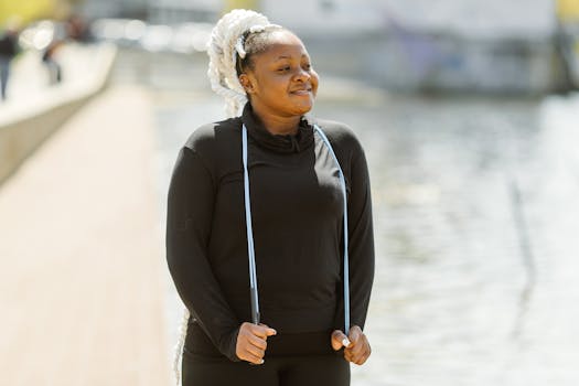 Cheerful woman with a hair bun stretching in sporty attire by a riverside.
