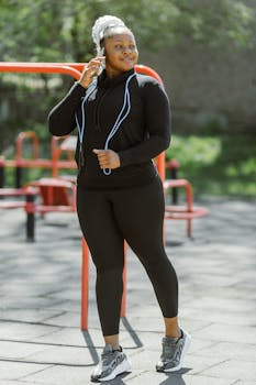 Fitness enthusiast using cellphone while exercising outdoors in activewear.