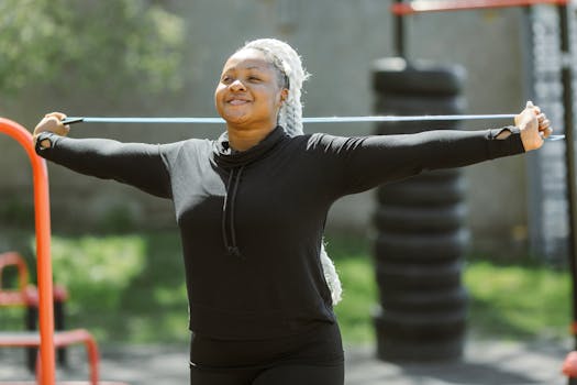 A woman stretches outdoors with exercise bands in a sunny park setting.
