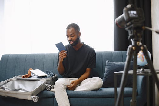 Adult man sits on sofa with open luggage, holding passport, preparing for travel, vlogging.
