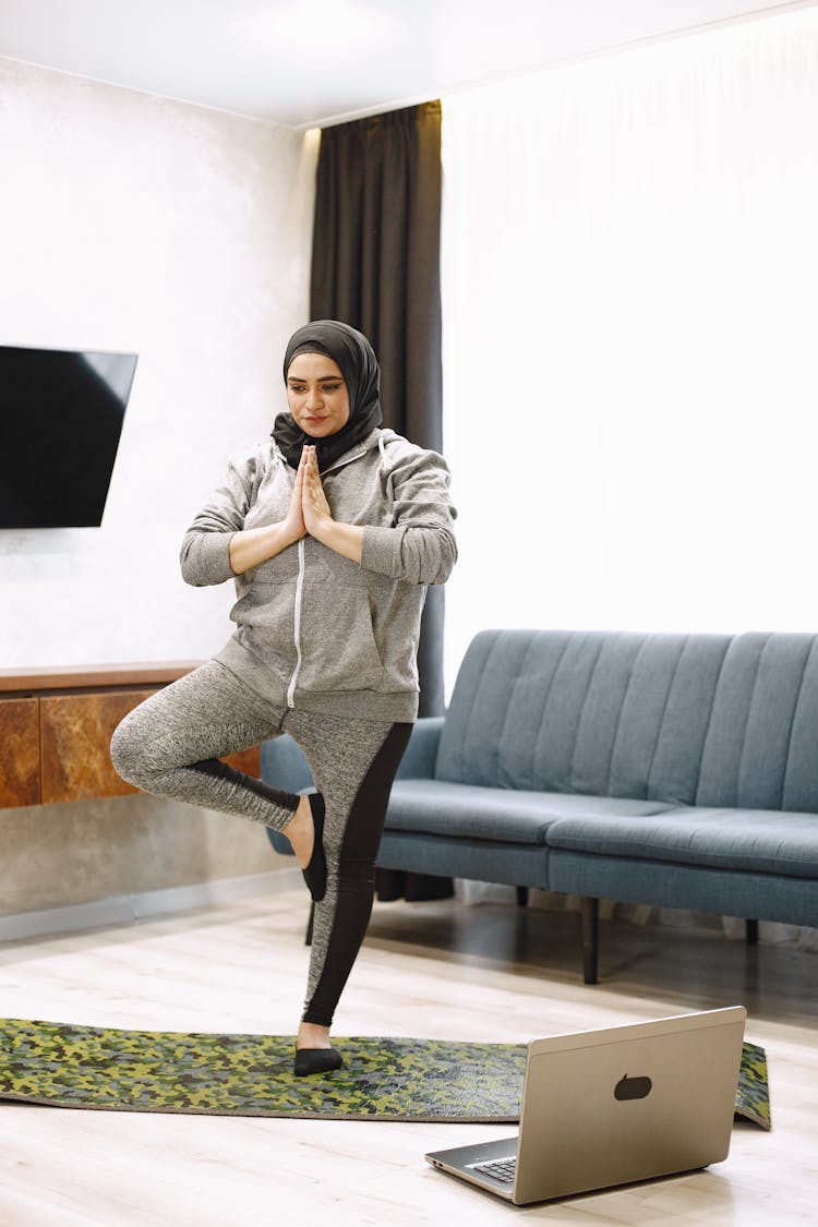 Woman In Hijab During Yoga