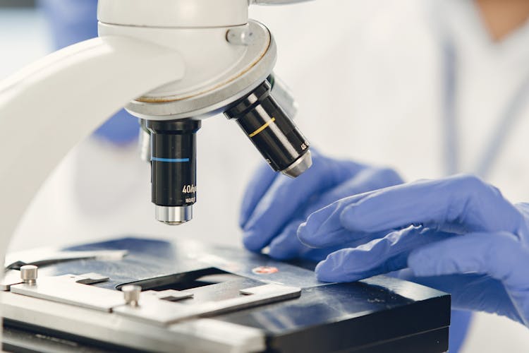 Close-up Of Lab Worker Looking At Specimen Under Microscope