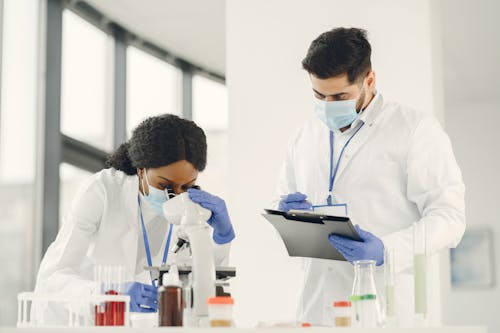 Free Man and Woman Wearing White Lab Coat Doing Laboratory Analysis Stock Photo