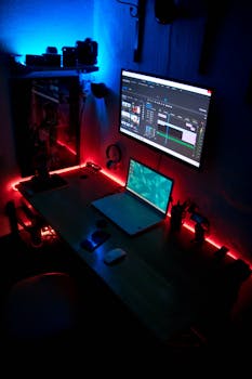 A sleek editing desk setup featuring vibrant RGB lighting, perfect for content creators.