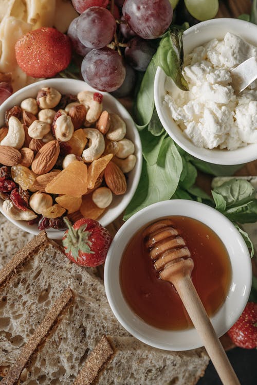 Free Honey, Nuts and Cream Cheese Breakfast Stock Photo