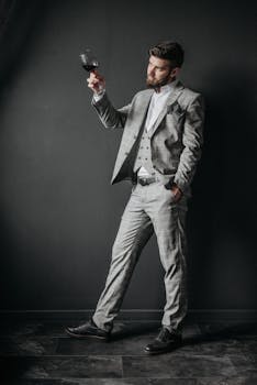 Elegant man in a gray suit holding a wine glass in a studio setting. Perfect for luxury lifestyle themes.