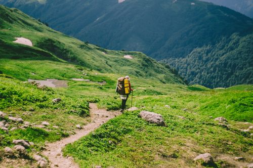Free A hiker with a large backpack walking along a green mountain trail in summer, embracing adventure and nature. Stock Photo