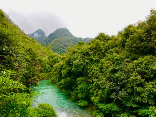Free Beautiful river flowing through green forest with mountains in the background at Qiannan Buyizumiaozu, China. Stock Photo
