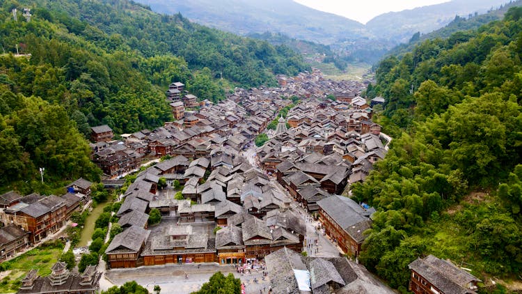 An Aerial Shot Of The Zhaoxing Dong Village In China