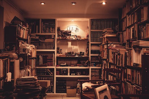 A warmly lit home library filled with a diverse collection of books and a cozy atmosphere.